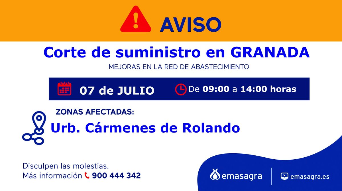 Emasagra (@emasagra) on Twitter photo ⚠️Corte de suministro programado en #GRANADA
¡Prepárate para el corte de #Agua!
ℹ Más información
☎️900 444 342
💻Seguimiento emasagra.es/avisos
🙏Disculpen las molestias
Cc/ @Aytogr <a href="/EmergenciasGRX/">Emergencias Granada</a> <a href="/PoliciaGr/">Policía Local de Granada</a> <a href="/Asvogra/">AsVoGra Protección Civil</a> ⚠️Corte de suministro programado en #GRANADA
¡Prepárate para el corte de #Agua!
ℹ Más información
☎️900 444 342
💻Seguimiento emasagra.es/avisos
🙏Disculpen las molestias
Cc/ @Aytogr <a href="/EmergenciasGRX/">Emergencias Granada</a> <a href="/PoliciaGr/">Policía Local de Granada</a> <a href="/Asvogra/">AsVoGra Protección Civil</a>