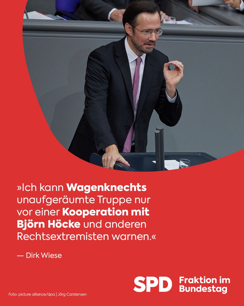 spdbt's tweet image. „Ich kann Wagenknechts unaufgeräumte Truppe nur vor einer Kooperation mit Björn Höcke und anderen Rechtsextremisten warnen“, kommentiert @DirkWieseSPD Gedankenspiele einer mögliche Zusammenarbeit von BSW und AfD.