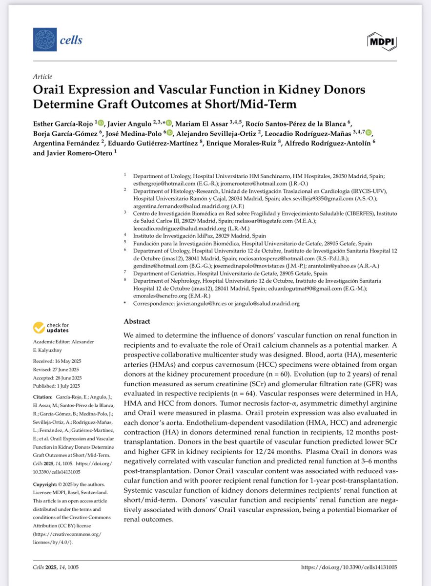 Esther Garcia Rojo (@rojo_esther) on Twitter photo New paper in Cells:
Orai1 expression & vascular function in kidney donors predict graft outcomes at 12–24 months.
Donor vascular health = key to long-term transplant success.
🔗 mdpi.com/2073-4409/14/1…
#KidneyTransplant #Biomarkers #Orai1 <a href="/dr_romero_otero/">Javier Romero Otero</a> <a href="/ROC_Urologia/">ROC Clinic</a> New paper in Cells:
Orai1 expression & vascular function in kidney donors predict graft outcomes at 12–24 months.
Donor vascular health = key to long-term transplant success.
🔗 mdpi.com/2073-4409/14/1…
#KidneyTransplant #Biomarkers #Orai1 <a href="/dr_romero_otero/">Javier Romero Otero</a> <a href="/ROC_Urologia/">ROC Clinic</a>