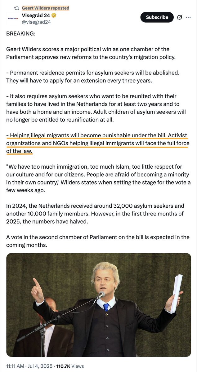 Het extreemrechtse  account Visegrad24 is glashelder over Faber's #asielwet "Het helpen van illegale migranten wordt strafbaar gesteld onder de wet. Activistische organisaties en ngo's die illegale immigranten helpen, zullen met de volle kracht van de wet worden geconfronteerd."