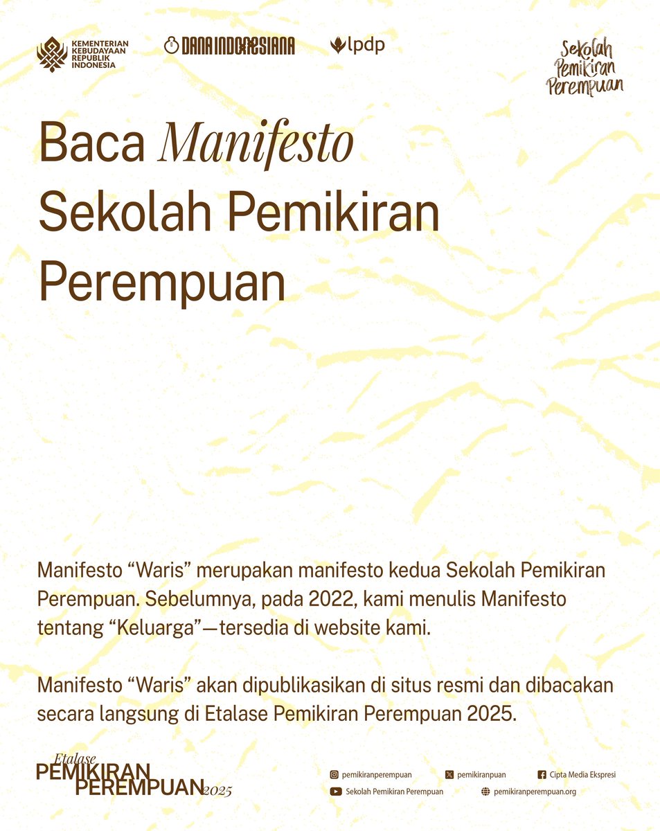 “Sikap adalah bagian dari sejarah.”
Di tengah dunia yang gaduh dan menyesakkan, MANIFESTO "WARIS" hadir sebagai  bagian dari pembuka Etalase Pemikiran Perempuan 2025. #sekolahpemikiranperempuan #etalasepemikiranperempuan #manifesto #feminist