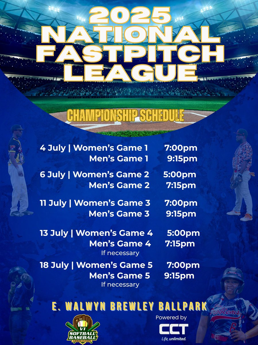 🏆 2025 Fastpitch Championship🏆 

Will Pirates take back their championship title? 🏴‍☠️ 

Will Pure Problems halt Synergy’s 5 streak this year? 🥎

Find out every Friday and Sunday at the E. Walwyn Brewley Ballpark!

🎟️: Adults $5
🎟️: Children $3

This year’s best of 5 series is