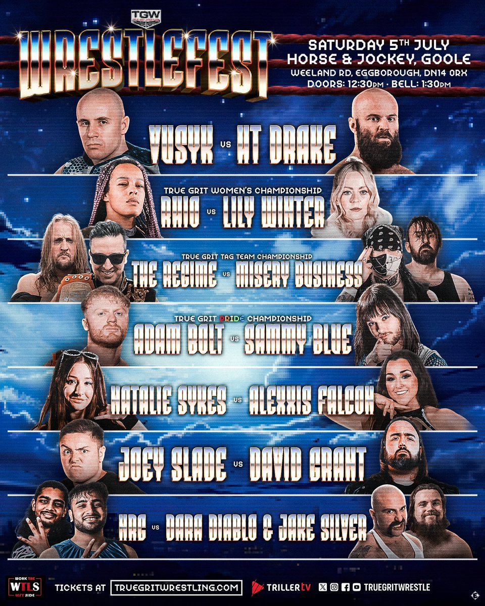 🚨TOMORROW🚨

Wrestlefest - Full Card

📅 Saturday, 5th July
⏰ 12.30pm doors | 1.30pm bell time
🏠 Horse &amp; Jockey, Goole, DN14 0RX

🎟️ 
truegritwrestling.com/events/true-gr…

Be a part of the most exciting festival this Summer! Wrestlefest! 

🔥🔥🔥