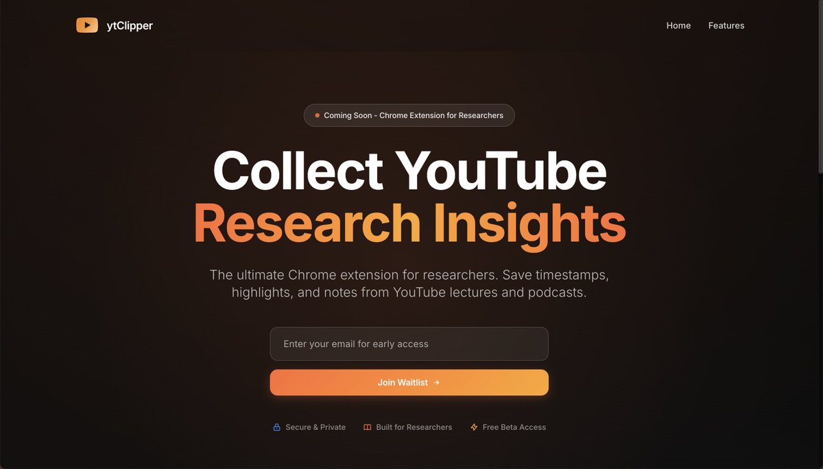 shubhamku044's tweet image. 🚀 Introducing YT Clipper - a Chrome extension for researchers!
Save timestamps, highlights, and notes from YouTube lectures &amp;amp; podcasts.
Join the waitlist now 👇
🔗 ytclipper(dot)com

#buildinpublic #chromeextension #researchtools #YouTube