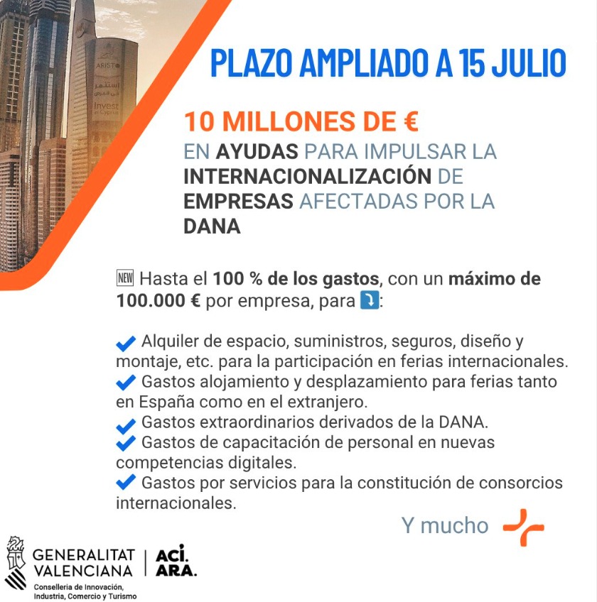 ❗Ampliación de plazo

🌍Para solicitar ayudas que impulsen la internacionalización de empresas afectadas por la dana

Apoyo a la participación en ferias, showrooms, misiones comerciales

💶 Importe: Hasta 100.000 €
📆 Plazo: Hasta 15 julio

Solicitudes ➡breu.gva.es/b/T---4