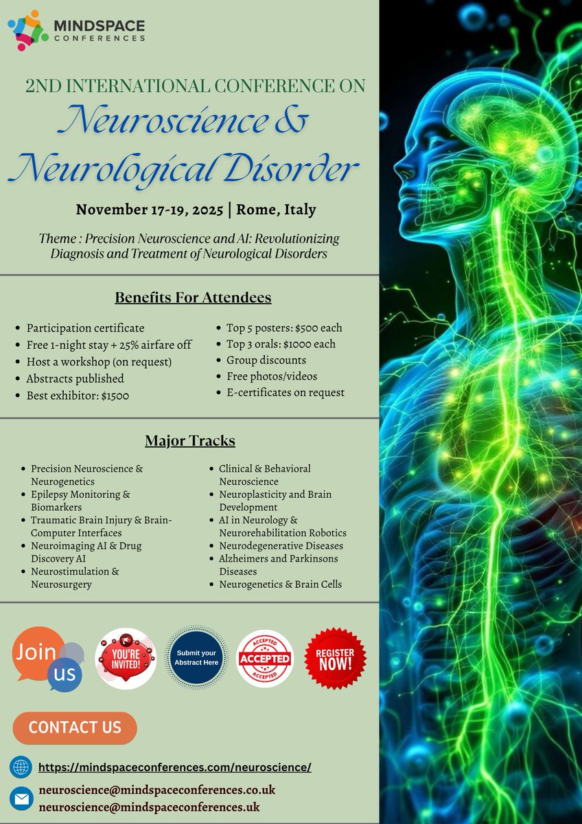neurosciencecon's tweet photo. Join us at the 2nd International Conference on Neuroscience &amp; Neurological Disorders!
Rome 🇮🇹 | Nov 17–19, 2025
Theme: Precision Neuroscience &amp; AI: Revolutionizing Diagnosis &amp; Treatment 🧠🤖
🌍 Global stage
🎯 Book now: https://t.co/okIGAuR2xx https://t.co/tF1llH6RRt