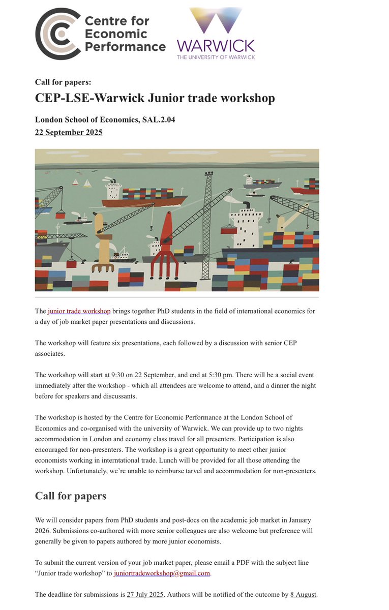 Call for papers

The CEP/LSE – Warwick Junior Trade Workshop will bring together PhD students in the field of international economics for a day of job market paper presentations and discussions.

Submit papers by 27 July.

More ➡️ cep.lse.ac.uk/_new/events/ev…