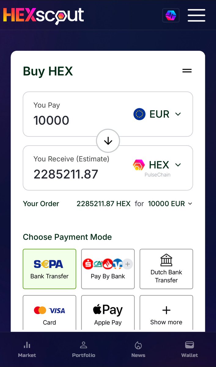 🏆 Congratulations, PulseChain! You can now purchase HEX, PLS, PLSX, INC, and USDC for up to €10,000 via HEXscout.com/buy — with the lowest fees and best rates guaranteed! 

✅ The fastest tool available: Whatever asset you buy, it arrives in your wallet within minutes.