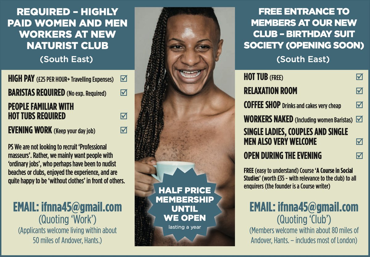🚨 New venture launching in the South East! The Birthday Suit Society – a new naturist club – is recruiting now with high pay (£25/hr), evening shifts &amp; no experience needed. Baristas, hot tub hosts &amp; friendly faces welcome

📍 Email ifnna45@gmail.com quoting ‘Work’ or ‘Club’