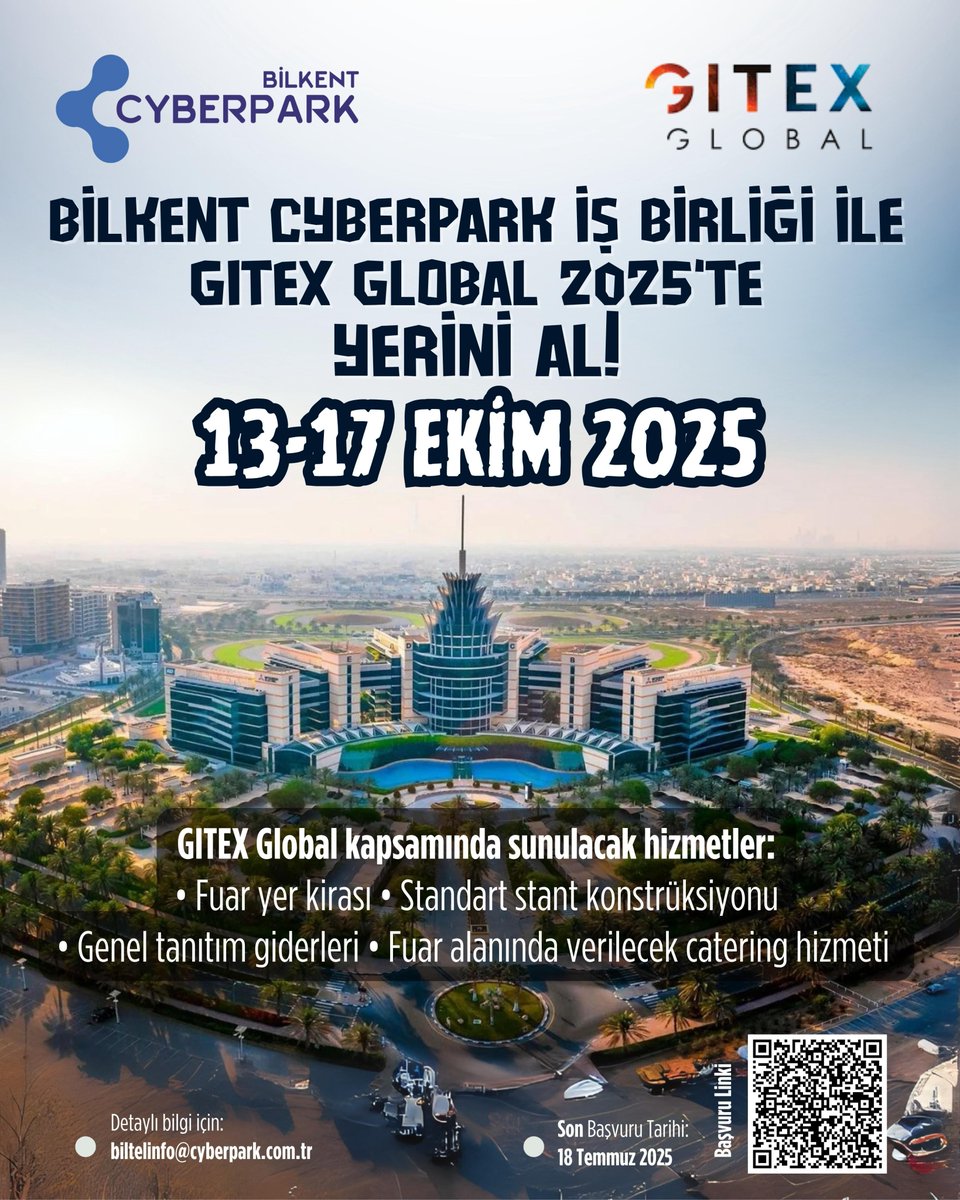 Bilkent CYBERPARK olarak, teknoloji alanında faaliyet gösteren firmalarımızın uluslararası pazarlarda yer edinmesini desteklemek ve yeni iş bağlantıları kurmalarına katkı sağlamak amacıyla, siz değerli firmalarımızı GITEX Global 2025 fuarına davet etmekten memnuniyet duyuyoruz.