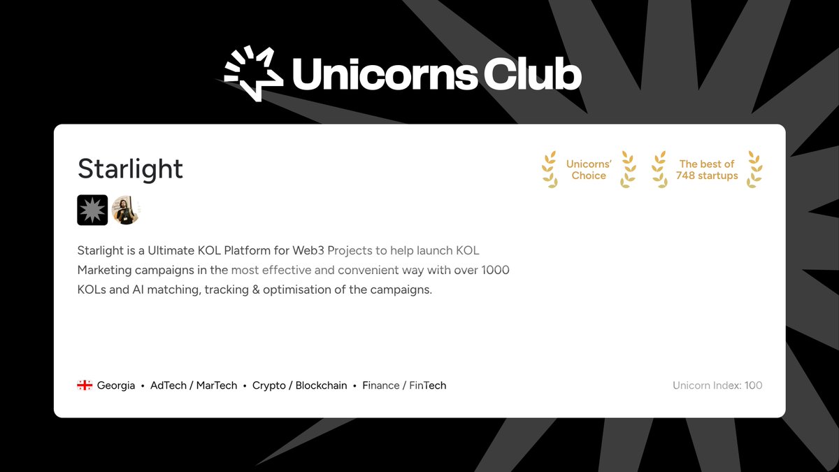 🌟 Week’s #1 Startup on Unicorns Club: <a href="/Starlightpad/">Starlight</a> — the ultimate KOL platform for Web3 — with 1,000+ creators and AI tools for matching, tracking, and optimizing campaigns.

🎧 Tune in now: youtu.be/igQxpjMdnVQ

#Web3 #Startups #Crypto #UnicornsClub #UnicornsJournal