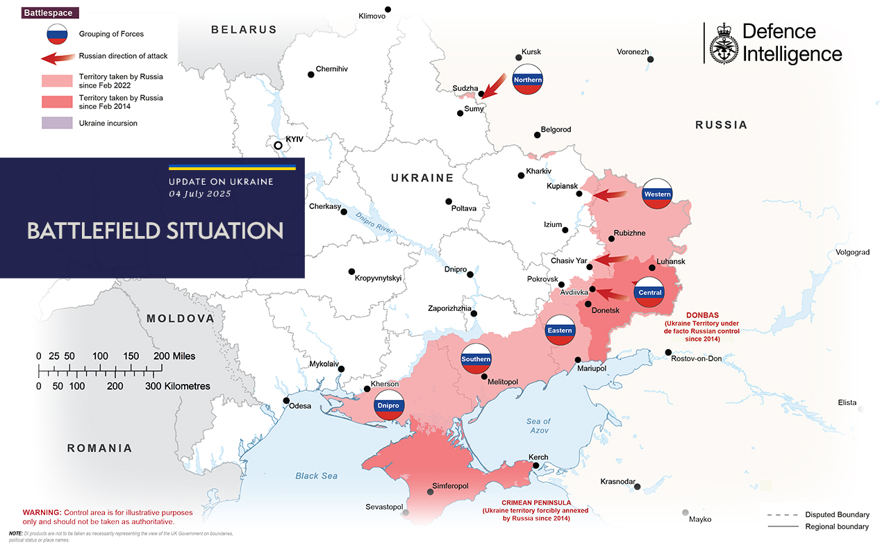 The map is the latest Defence Intelligence update on the situation in Ukraine – 04 July 2025.