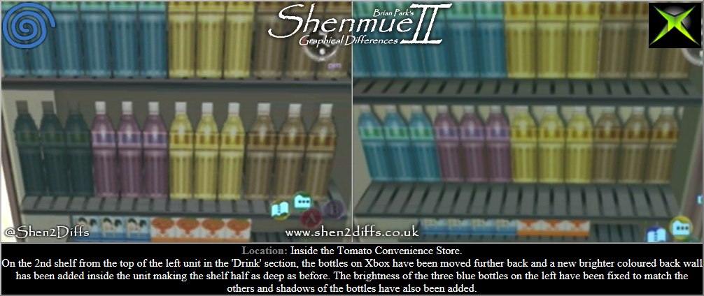 #Shen2DiffsUpgrade Golden Qr. Tomato Convenience Store. 2nd shelf of left unit, bottles on Xbox moved back, new brighter coloured back wall added making shelf half as deep. 3 bottles fixed+shadows added shen2diffs.co.uk #Shen2Diffs #Shenmue #Shenmue2 #LetsGetShenmue4