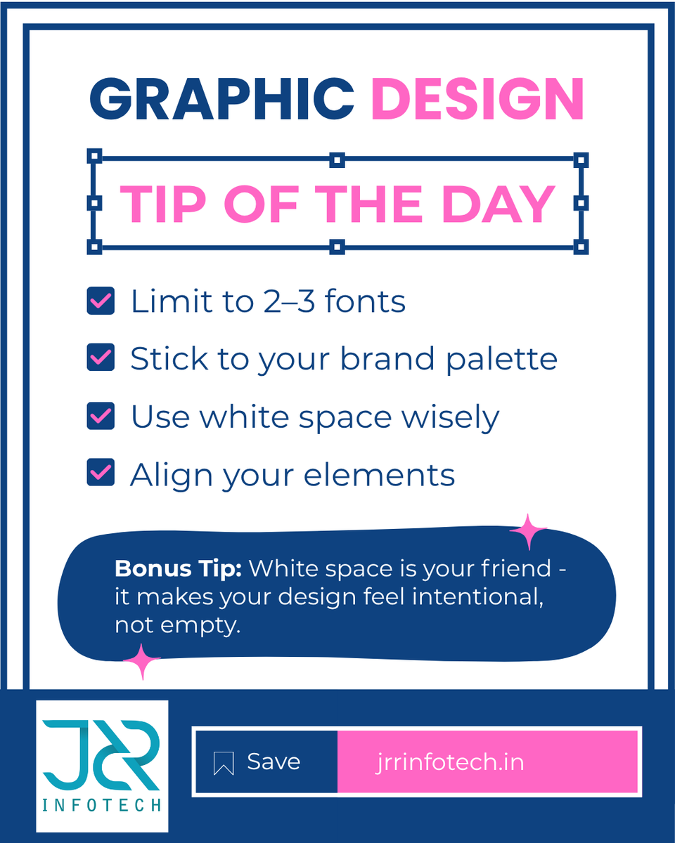 jrrinfotech's tweet photo. 🎨 Graphic Design Tip:
Limit to 2-3 fonts

Stick to your brand palette

Use white space wisely

Align your elements
 ✨ Bonus: White space makes your design intentional, not empty!
 🔗 https://t.co/ihnFAYVvWG
 #GraphicDesign #DesignTips #CreativeInspiration https://t.co/la0uPbU0iY