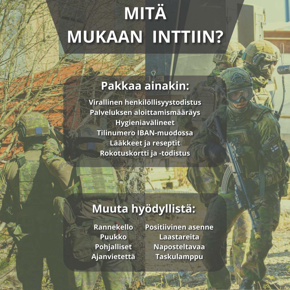 JaakariPR's tweet image. Uusien alokkaiden palveluksen aloitus on jo ihan nurkan takana! Mitä kaikkea on hyvä ottaa huomioon ja muistaa pakata mukaan saapuessa palvelukseen? Intti.fi-sivustolta löydät kattavasti tietoa ja suoran linkin myös #jääkäriprikaati'n alokasinfoon.
intti.fi/ensimmaista-ke…