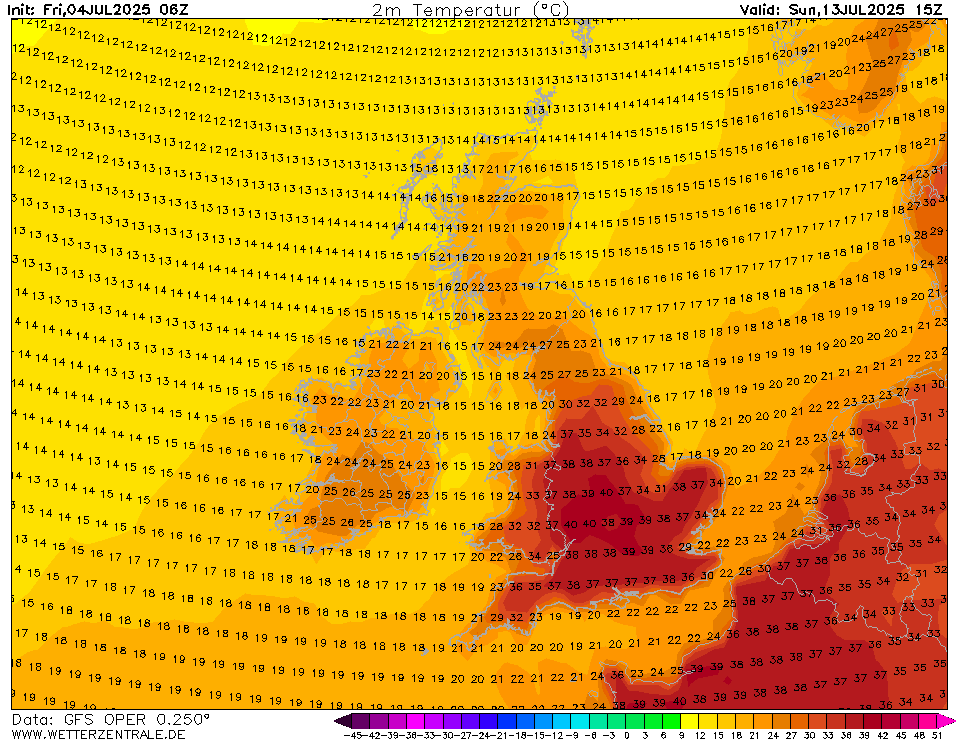 There it is! 

40C appears on maximum temperature forecast chart from GFS 06z for Sunday 13th July! 🔥