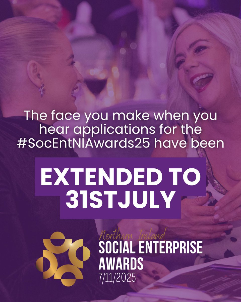 You’ve seen the photos, you’ve heard the buzz… and now you’ve got a second chance! 👀

🎉 The Social Enterprise NI Awards deadline has been extended to 31st July!

Don't miss your moment to be in the spotlight this November – whether you’re a new start-up or a seasoned