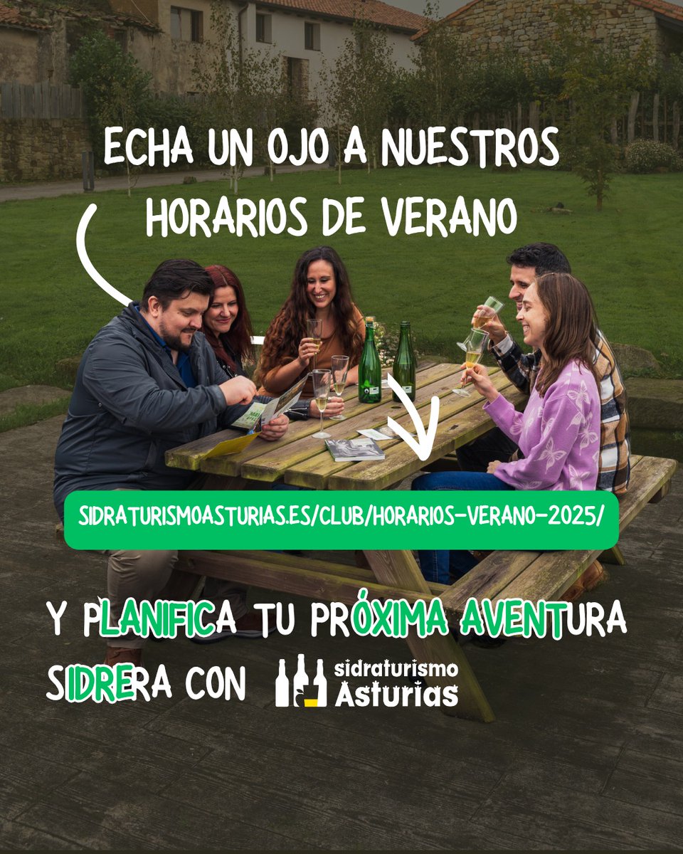 🍏✨ Este verano, la #culturasidrerasturiana no se va de #vacaciones. Consulta los 𝗵𝗼𝗿𝗮𝗿𝗶𝗼𝘀 𝗱𝗲 #verano2025 y 𝗽𝗹𝗮𝗻𝗶𝗳𝗶𝗰𝗮 tu 𝗲𝘀𝗰𝗮𝗽𝗮𝗱𝗮 𝘀𝗶𝗱𝗿𝗲𝗿𝗮 con tiempo ⏰🍾
¡Te esperamos en <a href="/SidraturismoAst/">Sidraturismo Asturias</a>! 👇 sidraturismoasturias.es/club/horarios-…