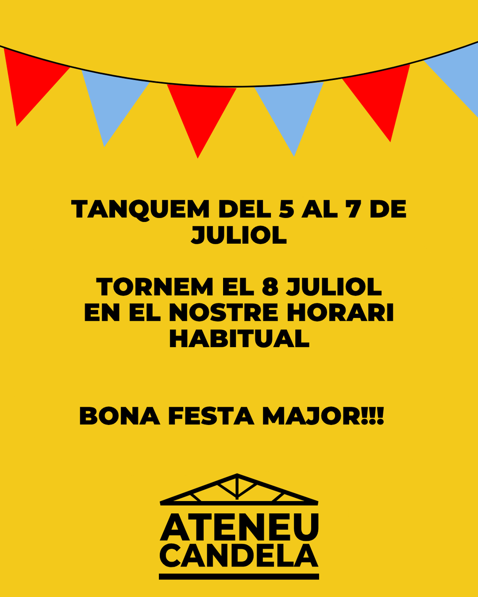 🎉 Marxem de Festa Major! 🎉

L’Ateneu Candela tanca portes per gaudir de la Festa Major de Terrassa! 🥳 Ens tornem a veure a partir del dimarts 8 de juliol.

Us desitgem una molt bona festa! 🎆💃
Ens veiem pels carrers! 😉