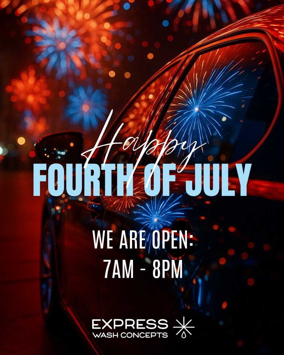 GrnClnAutoWash's tweet photo. Happy Fourth of July! 🇺🇸🎆

Backyard BBQs, parades, sunshine—however you're celebrating, start it off with a fresh, clean car!

We’re OPEN today and operating 7am - 8pm, so stop by and roll into the holiday with a little extra shine.

See you at the wash! 🫧 https://t.co/Sg9Ardh9a1