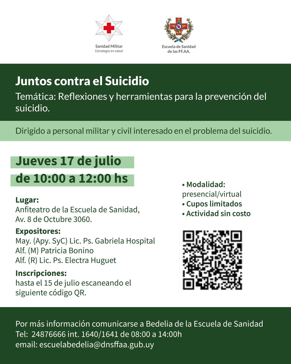 Hospital Militar Uruguay (@hmilitaruy) on Twitter photo 📝 Inscripciones abiertas hasta el 15 de julio.
ℹ️ Por información comunicarse con Bedelía de la Escuela de Sanidad
☎️ Tel.: 2487 66 66 interno 1640/1641 de 08:00 a 14:00 horas.
📧 escuelabedelia@dnsffaa.gub.uy 📝 Inscripciones abiertas hasta el 15 de julio.
ℹ️ Por información comunicarse con Bedelía de la Escuela de Sanidad
☎️ Tel.: 2487 66 66 interno 1640/1641 de 08:00 a 14:00 horas.
📧 escuelabedelia@dnsffaa.gub.uy