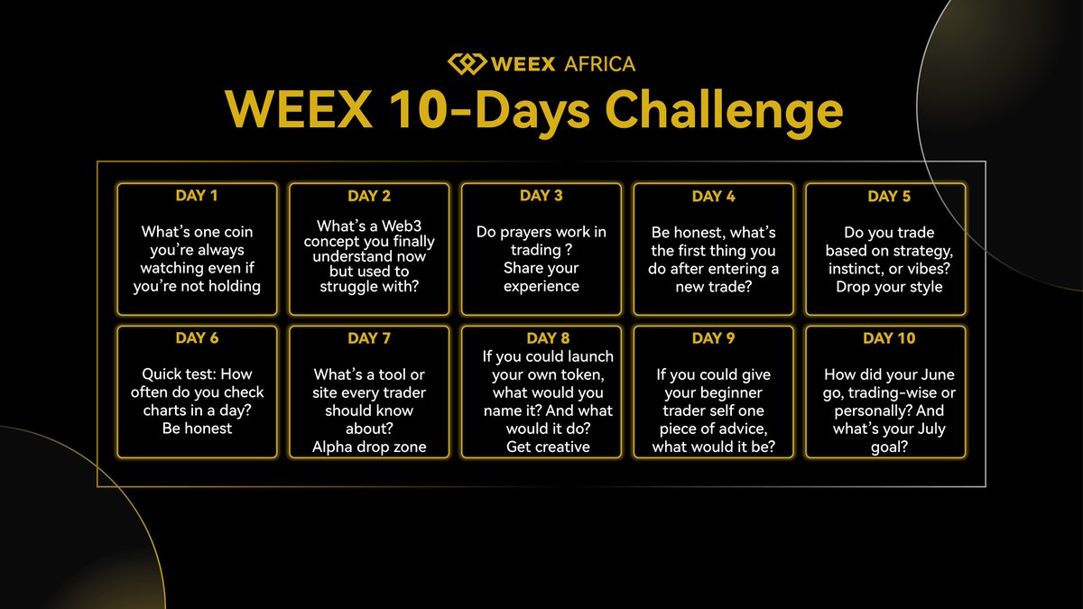 🥳WEEX 10 Days Challenge

📅DAY 10

⁉️How did your July go, trading-wise or personally and what's your August goal?

To Win
✅Follow and retweet this post
✅Drop your response and UID using the #WEEX10DaysChallenge

x.com/WEEX_Africa/st…