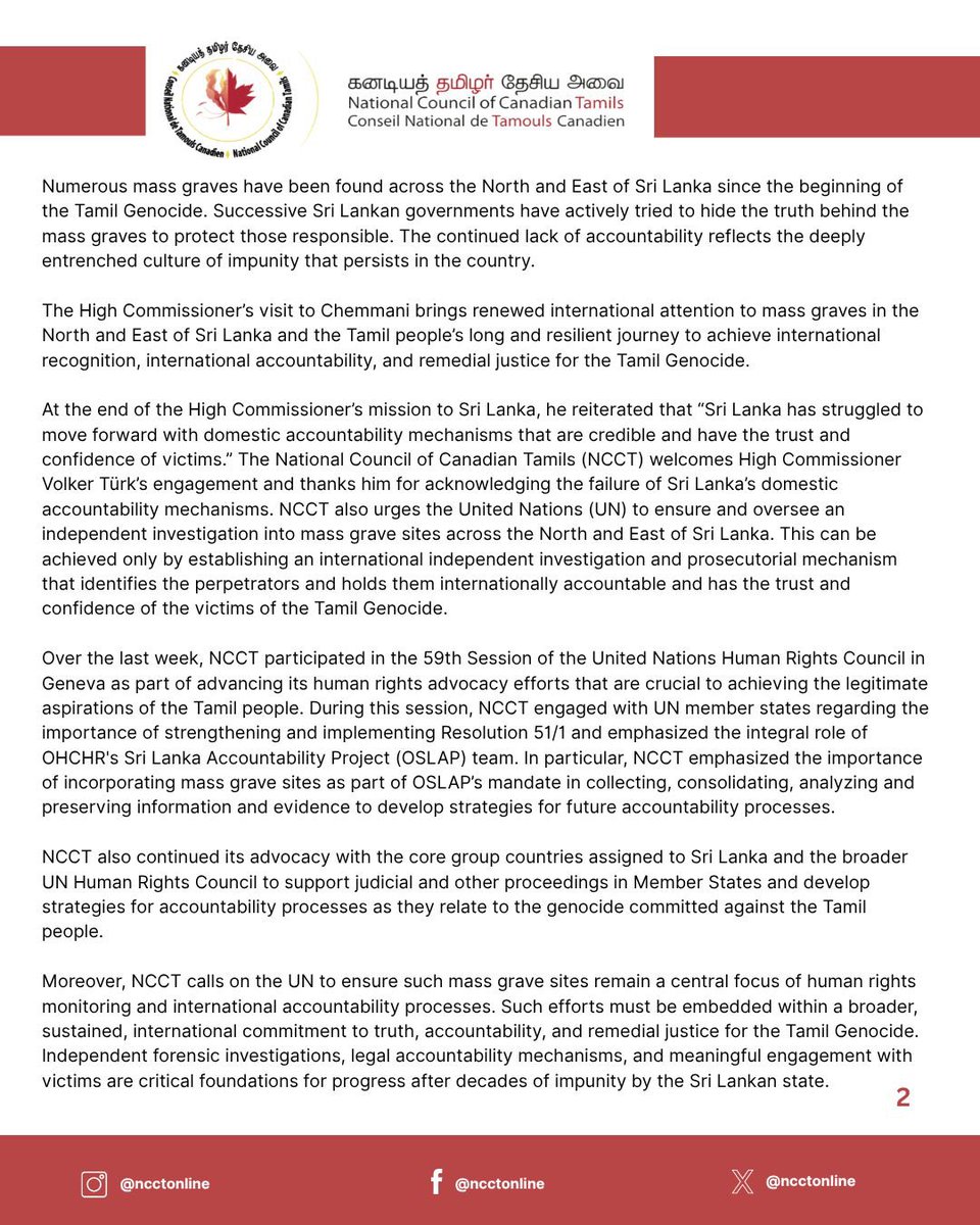 Recent Findings of Chemmani Mass Graves Renew Calls for International Recognition, International Accountability and Remedial Justice for the Tamil Genocide