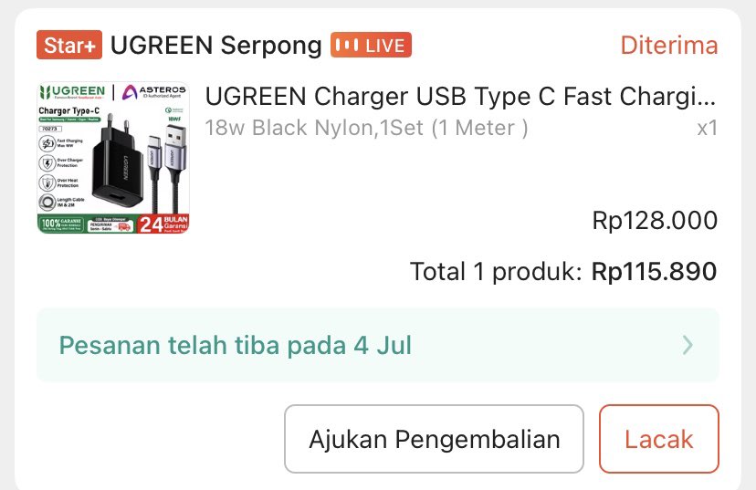 shopeeneocity's tweet photo. WTS 
Haloo.. barang kali ada yg lagi cari charger type C dari Ugreen. Aku jual murah aja dari harga beli. Baru sampe hari ini. Terima kasih. https://t.co/SEXfj9xS8n