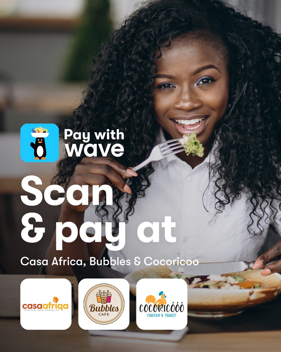 💙📲 You can now scan &amp; pay with Wave at your favorite spots:
📍 Casa Africa
📍 Bubbles
📍 Cocoricoo
Pay fast, easy, and 100% fee-free.

#WaveGambia #YourMoneyIsYours #Gambia #PayWithWave