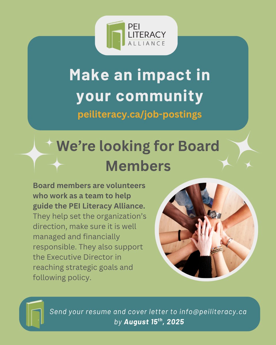 We’re currently looking for volunteer Board Members to help guide and support the work of PEI Literacy Alliance.

Applications are open until August 15, 2025.

Learn more here: peiliteracy.ca/job-postings/