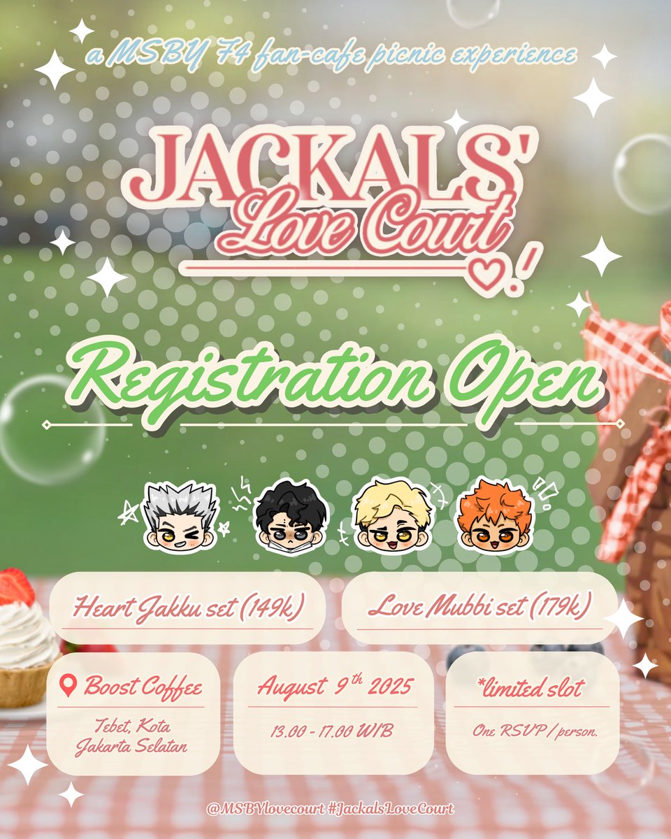 💌 MSBY Jacklas Love Court Event RSVP is now open ❣️

🗓️ Saturday, August 9th 2025
📍 Boost Coffee, Tebet, Jakarta Selatan

< bit.ly/LoveCourt_RSVP >

Slots are limited, don’t let this sweet moment pass you by!

#JackalsLoveCourt
