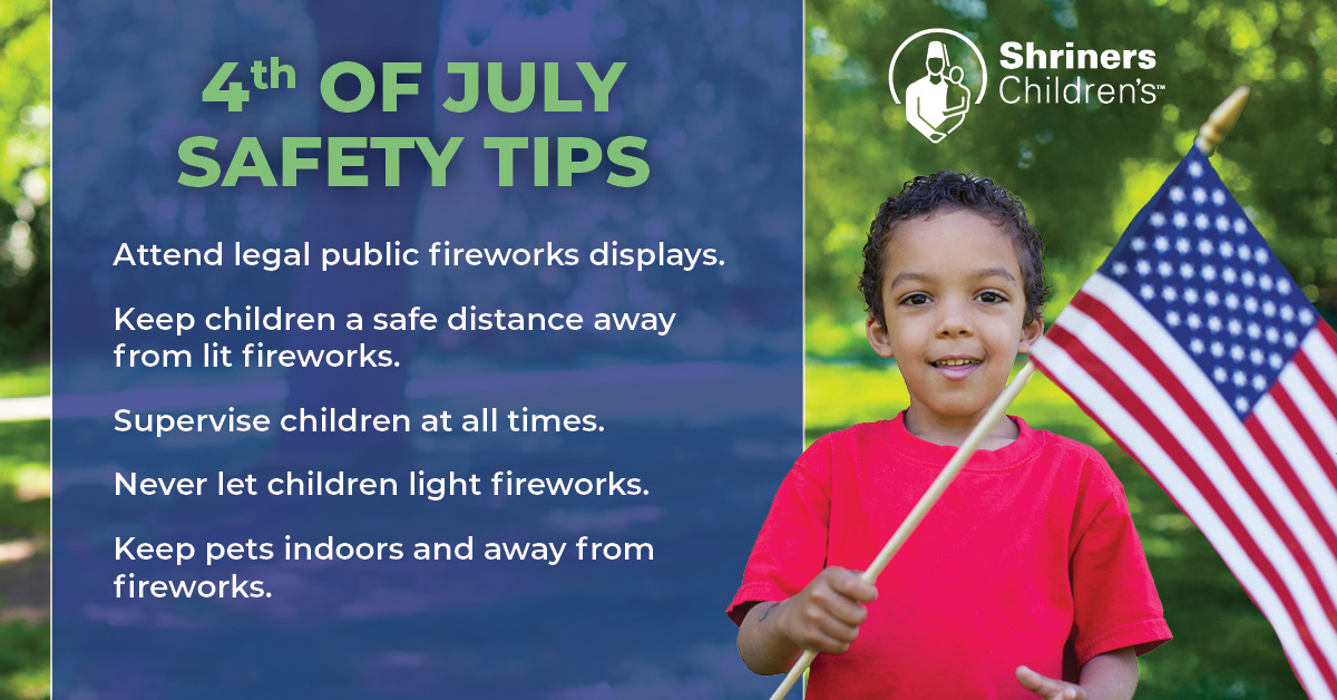 ShrinersStLouis's tweet image. Happy 4th of July from Shriners Children's St. Louis! ❤️🤍💙
While you're celebrating with fireworks, cookouts, and fun, remember safety comes first, especially for little ones.
Here are a few quick tips to keep your Independence Day injury-free.
#FireworksSafety
