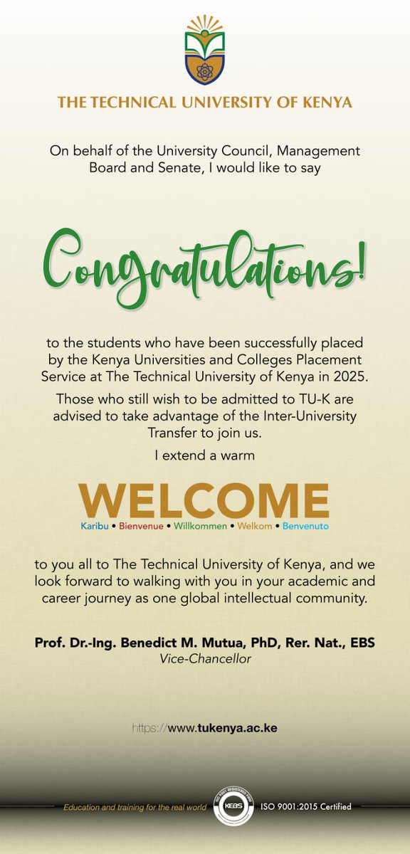 Congratulations to all students placed at our university through KUCCPS! #KaribuTUK #Education4therealworld
