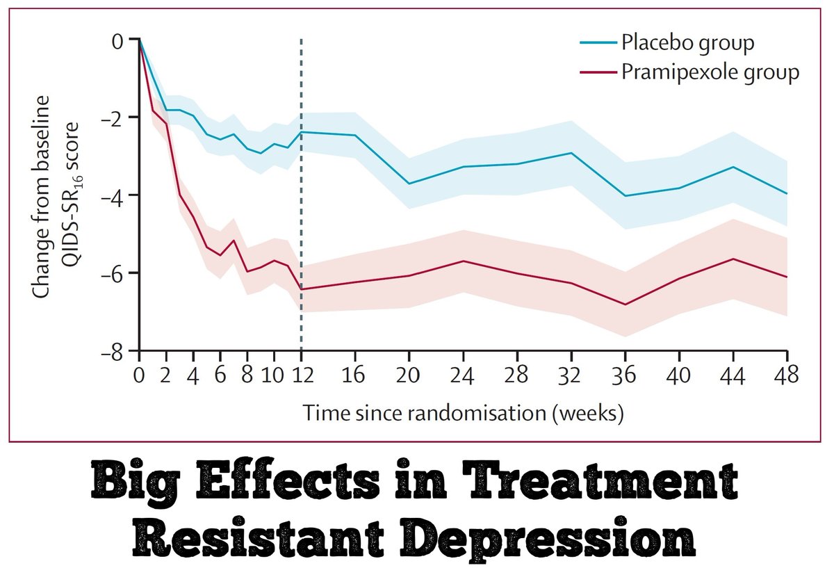 chrisaikenmd's tweet photo. Pramipexole lifted treatment resistant #depression with large effect size (0.87) in 48-wk, placebo-controlled augmentation trial of 150:
https://t.co/vByqQgzgUG

Used 2.5mg as higher dose works better in TRD (vs 1.5mg) (but more side effects).

How to use:
https://t.co/UlhF7Gqob9 https://t.co/kVZGGX0BvX