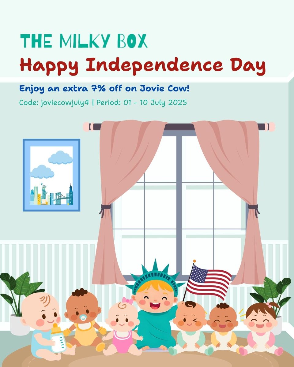 TheMilkyBox's tweet photo. Let freedom (and formula!) ring.
This Independence Day, we’re celebrating with an extra 7% OFF all Jovie Cow products!
Because every little star deserves the best—from day one.
Use Code: joviecowjuly4
Valid: July 1–10 
https://t.co/B9xsFI3vTu 
#TheMilkyBox #deals #independenceday https://t.co/yRMzpjLAAf