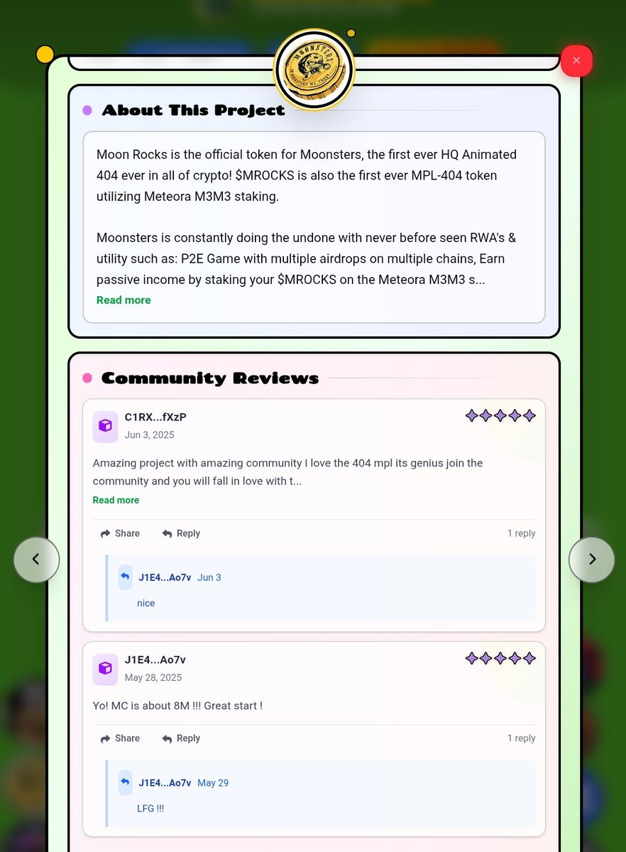 P2E game with multiple airdrops on multiple chains and many other interesting perks you can find in <a href="/MoonstersWeb3x/">Moonsters</a> 🤩

Support your favourite project by voting, leaving the reviews and rating! The future of every project is in your hands 💪

zilla.meme/coins/moon_roc…