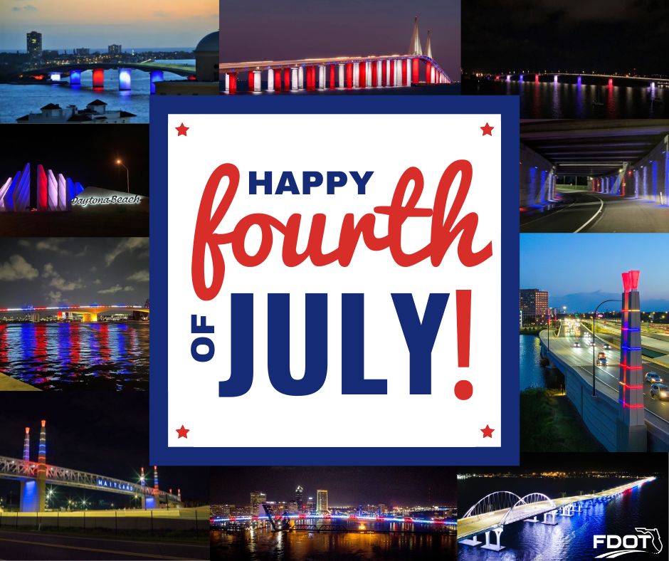 FDOT wishes everyone a safe and happy Fourth of July weekend! Whether traveling or staying close to home, remember to celebrate responsibly, especially before getting behind the wheel. Let’s get everyone home safely. 🎆 🎆