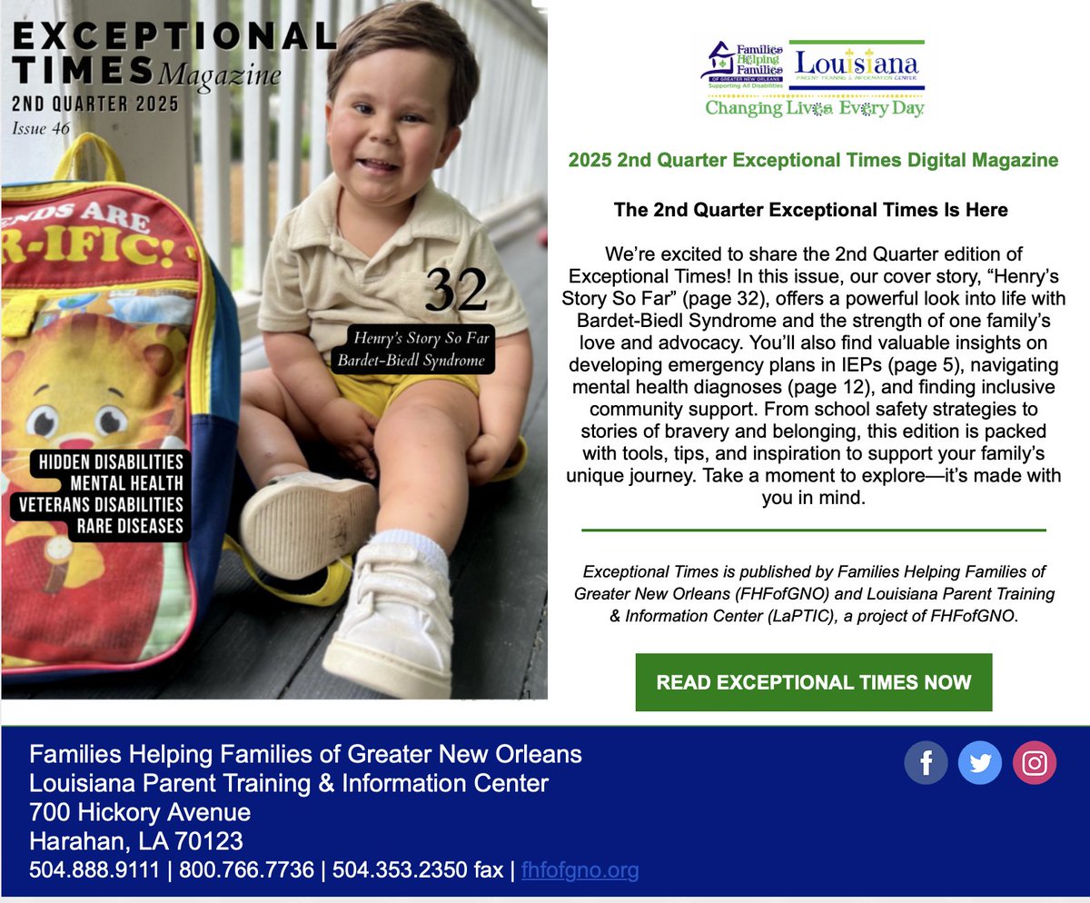 2025 2nd Quarter #ExceptionalTimes Digital Magazine, from Families Helping Families of Greater New Orleans- Louisiana PTI
insights on developing emergency plans in #IEPs, navigating #MentalHealthDiagnoses, life with #BardetBiedlSyndrome  &amp; more
canva.com/design/DAGqcMT…
