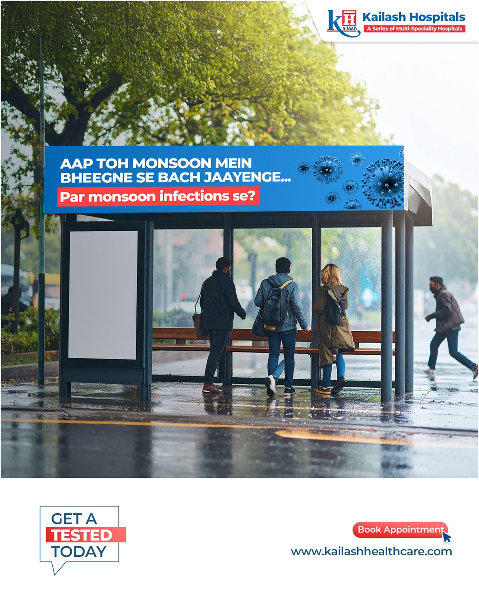 KailashHealth's tweet image. Ap barish me bheegne se to bach jayenge lekin monsoon infections se bachne ke liye kya plan hai?

Stay #MonsoonReady with timely health tests! Visit Kailash Hospital.

#Monsoontips #typhoid #cholera #seasonalillness #infections #healthtips