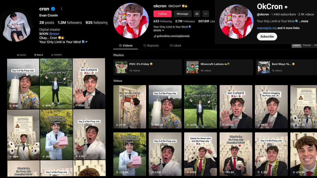 natesonchain's tweet image. No Poop July - Thesis
I think we are SUPER early to this trend and a multi-million dollar coin.
No Poop July is a series by a TikTok/IG/YT creator OkCron with 6.4M+ followers. Each July he pretends to go the whole month without pooping. And the videos get millions of views.
I…