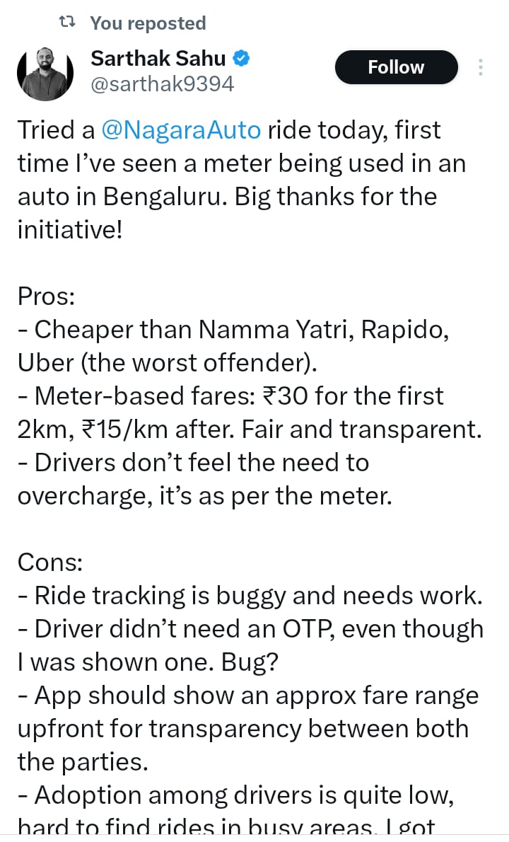 NagaraAuto's tweet image. Thank you @FI_InvestIndia @anwarsyed123451 @sarthak9394 for your support, encouragement and feedback.
Dear Bengaluru - We know that not all of you get meter autos when you want it. We seek your forbearance until we get more professional drivers, which is soon!
But when you do…