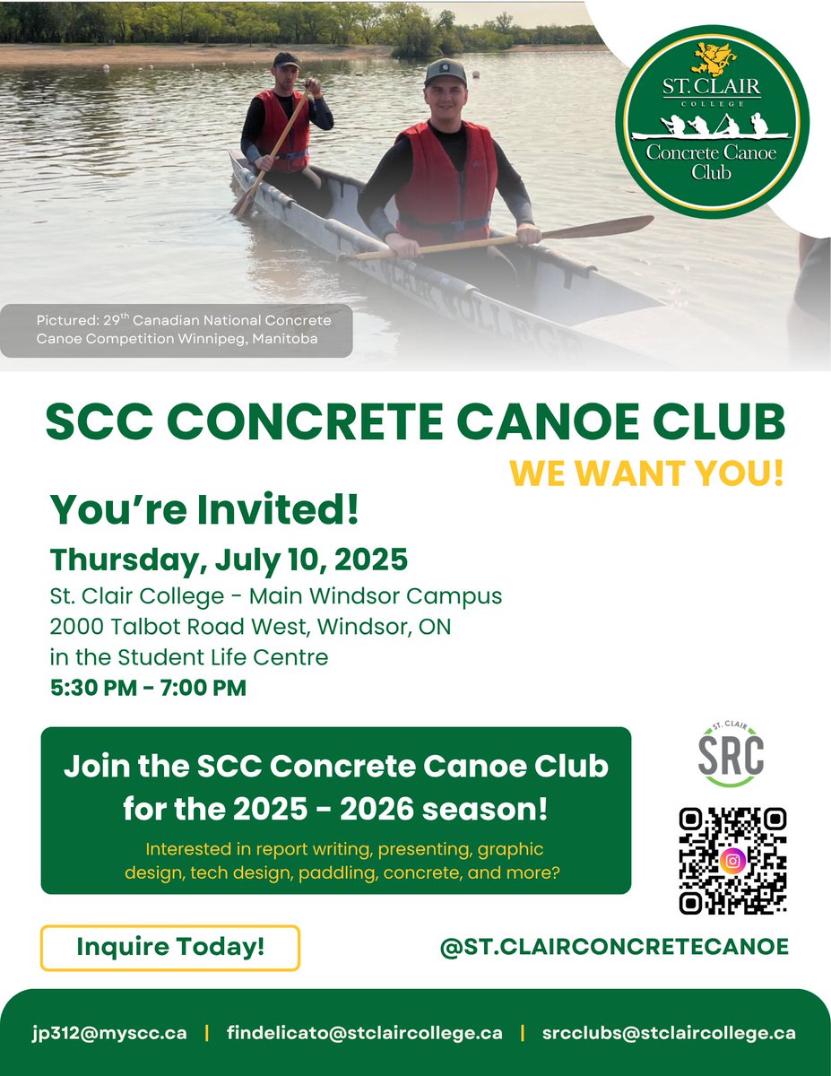 🚨 Event Reminder!
Join the SCC Concrete Canoe Club Thursday, July 10 @ 5:30 PM at St. Clair College – Windsor Campus 🛶

✅ Meet the team
✅ Explore Engineering programs

Everyone is welcome!
📍 2000 Talbot Rd W, Windsor
#FutureSaints #ConcreteCanoe #StClairCollege
