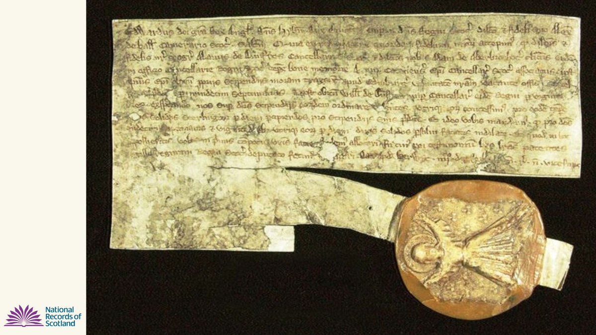 NatRecordsScot's tweet image. A warrant of Edward I with the Seal of the Guardians of Scotland attached, 1292.
The warrant authorises payments for Alan de Dunfres, Chancellor of Scotland. Wax seals were used as proof of the sender’s identity, and this one depicts the crucifixion of St Andrew.