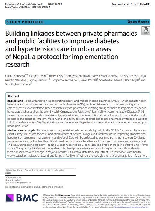 CHORUS Urban Health (@chorusurban) on Twitter photo New Paper
Urbanisation contributed to rising NCDs, and urban residents rely on pharmacies. Our project <a href="/HERDIntl/">HERD International</a> looks at how linking pharmacies with public facilities in Pokhara can improve NCD prevention and management among poor urban populations.
shorturl.at/wM8rW New Paper
Urbanisation contributed to rising NCDs, and urban residents rely on pharmacies. Our project <a href="/HERDIntl/">HERD International</a> looks at how linking pharmacies with public facilities in Pokhara can improve NCD prevention and management among poor urban populations.
shorturl.at/wM8rW