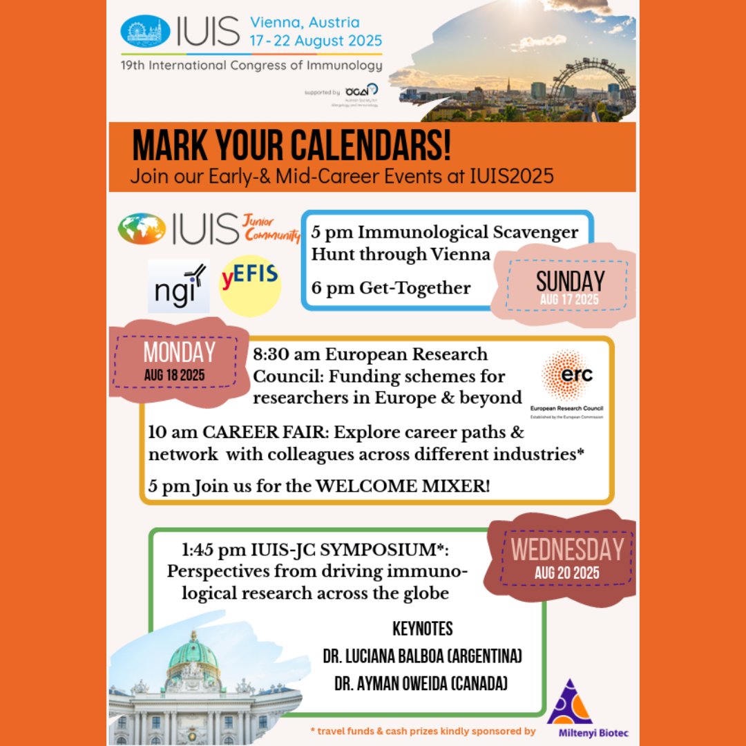 🎯 Early-career immunologists, this one's for you!

Join our Junior Community at #IUIS2025 for exclusive networking, career development, &amp; fun—from a scavenger hunt through Vienna to expert-led sessions and their very own global symposium.

loom.ly/02pE5cY

#RoadToVienna