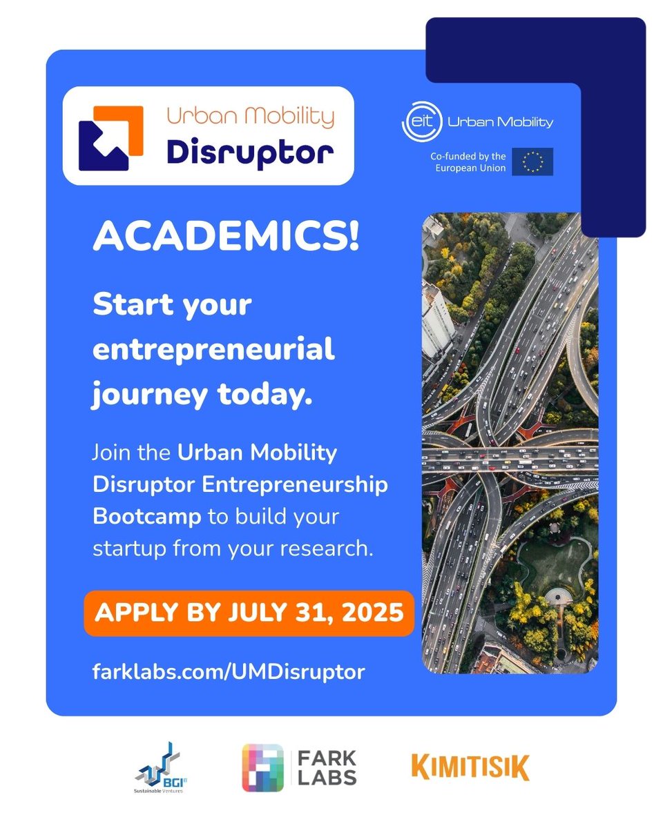 🚀 Researchers, Academics &amp; Science-Based Innovators! Ready to bring #urbanmobility solutions to life? Apply now for #UMDisruptor, powered by EIT Urban Mobility + led by BGI, Fark Labs, Kimitisik!
🗓 Deadline: July 31 🔗 farklabs.com/UMDisruptor
