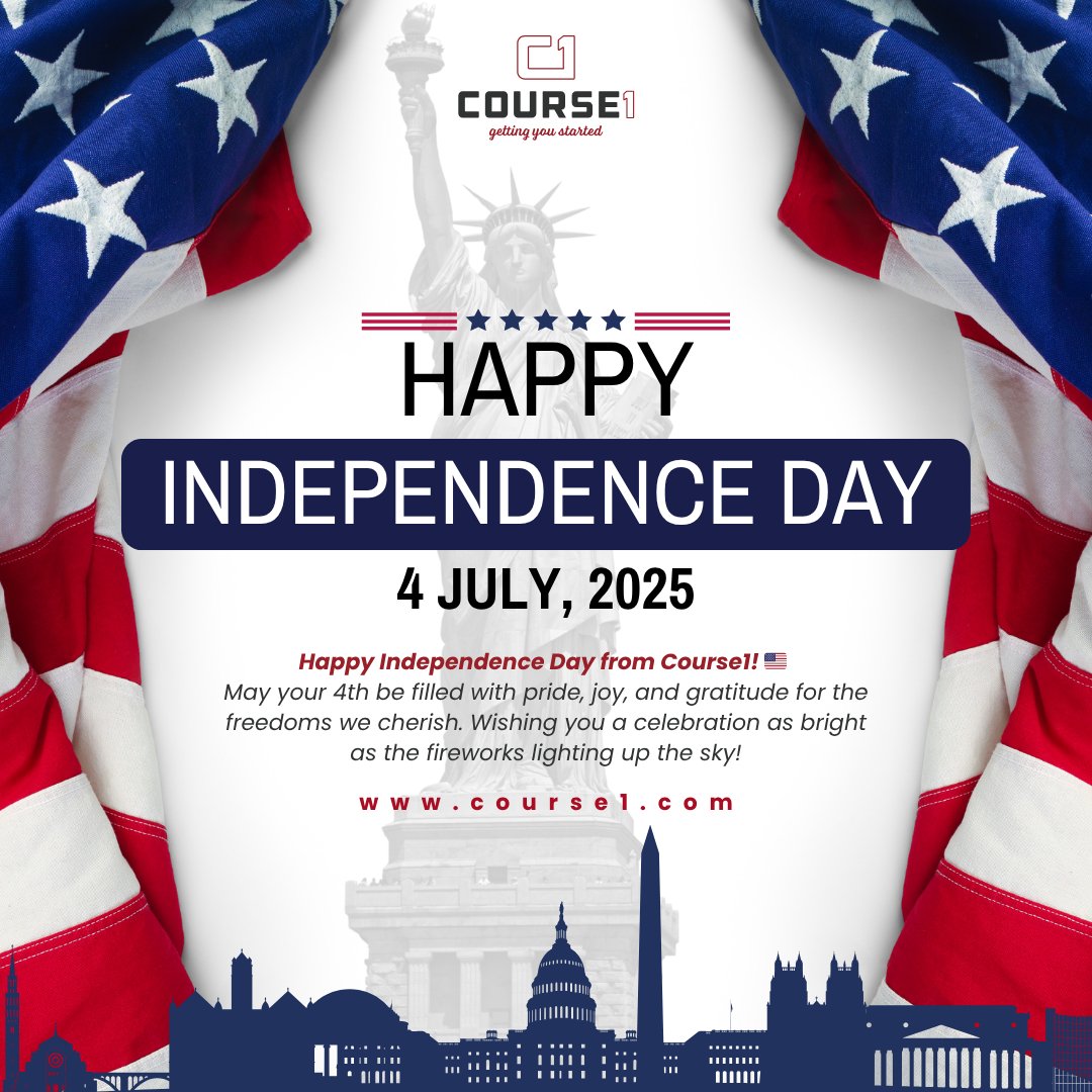 Happy Independence Day from Course1! 🇺🇸 Today, we celebrate the freedom to innovate and the opportunities that make our nation great. Wishing you a 4th filled with joy, reflection, and brilliant fireworks! #ProudlyAmerican #FourthOfJuly