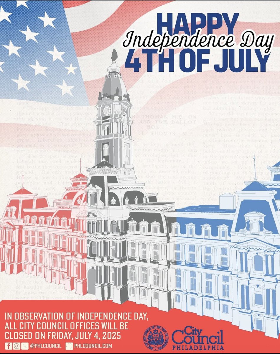 CM_JimHarrity's tweet image. City Council offices will be closed on Friday, July 4 in observance of Independence Day.
As we celebrate, we reflect on what freedom means for all and continue the work of building a more just and inclusive democracy.
#4thofJuly #PHLCouncil