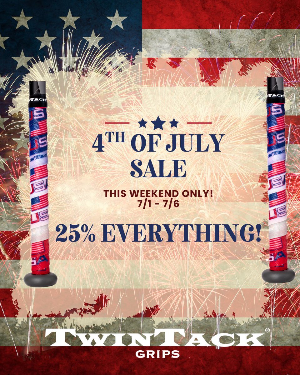 TwinTackGrips's tweet image. Happy Independence Day! Celebrate the 4th with our BEST BAT GRIP OFFER EVER!!! Load up on your favorite TwinTack Bat Grips at TwinTack.com and take 25% off your ENTIRE PURCHASE. This amazing deal ends July 6!
* Note: 25% Discount will be applied AUTOMATICALLY, no…
