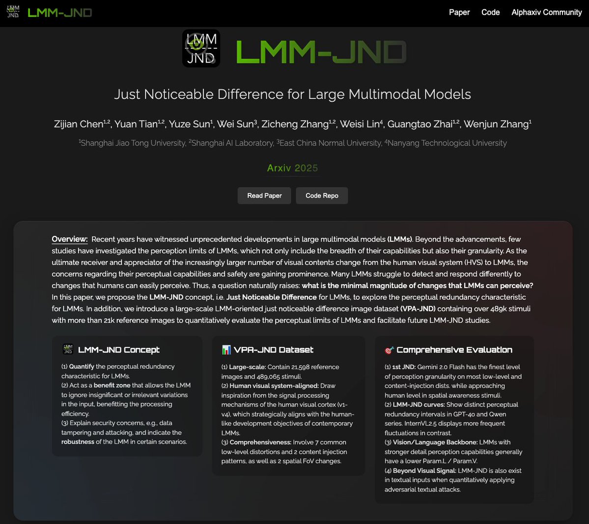_ZijianChen's tweet photo. #JND #MLLM #perception What is the minimal magnitude of changes that LMMs can perceive?

We propose the LMM-JND to explore the perception granularity of large multimodal models (LMMs).

Arxiv: https://t.co/tanZAKgTk2
Project: https://t.co/FEXPIB9fI2

A thread (1/n) https://t.co/7a2X87FwWZ